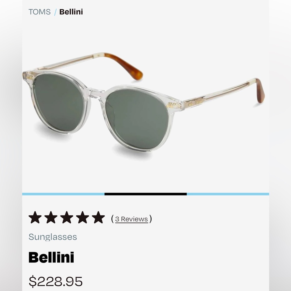 Brand New in box TOMS Bellini Sunglasses in Vintage Crystal-Green Grey